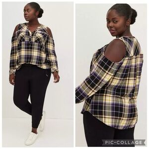Torrid Harper Crinkle Flannel Gauze Cold Shoulder Long Sleeve Blouse size 2